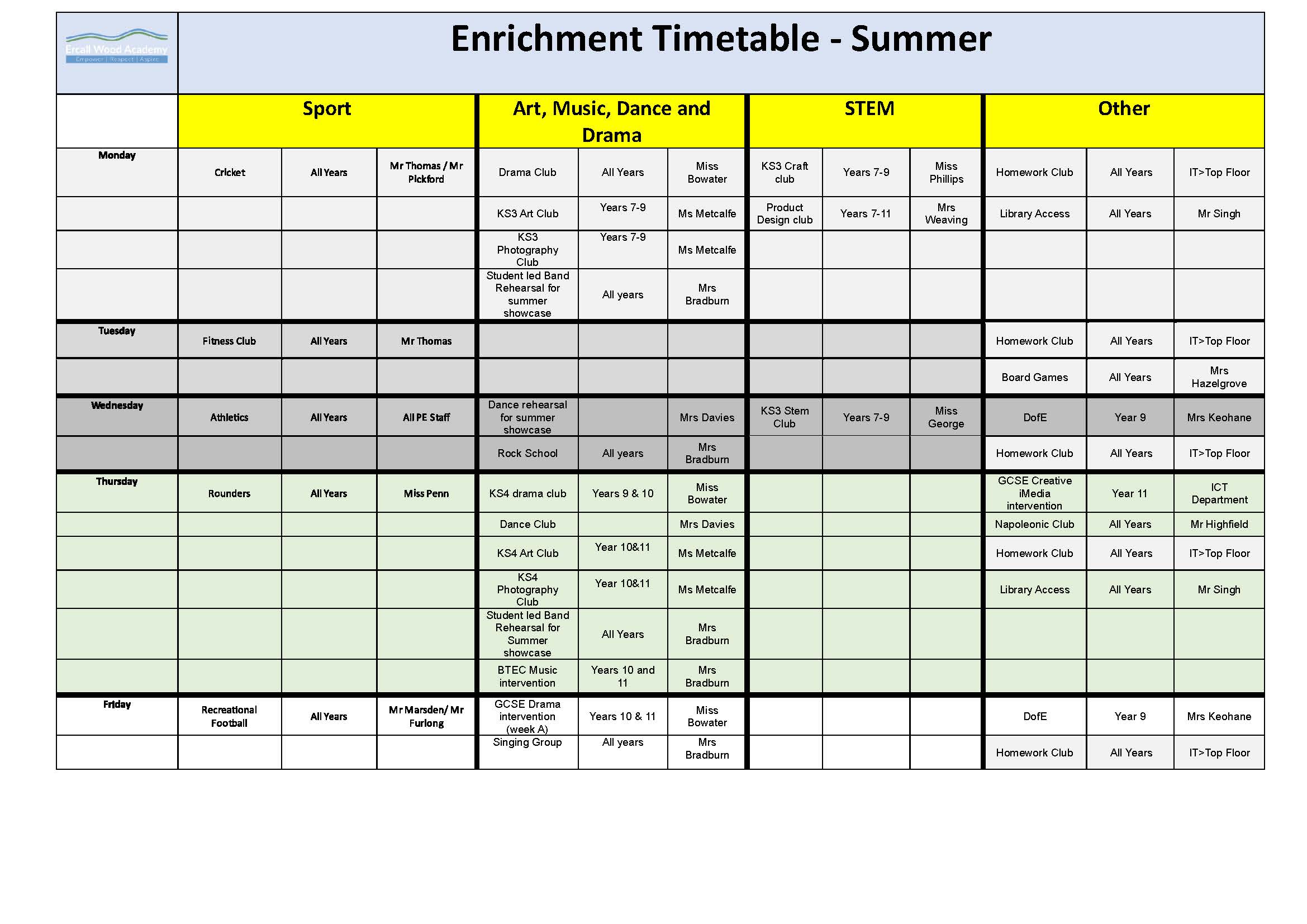 Summer Enrichment Timetable 26